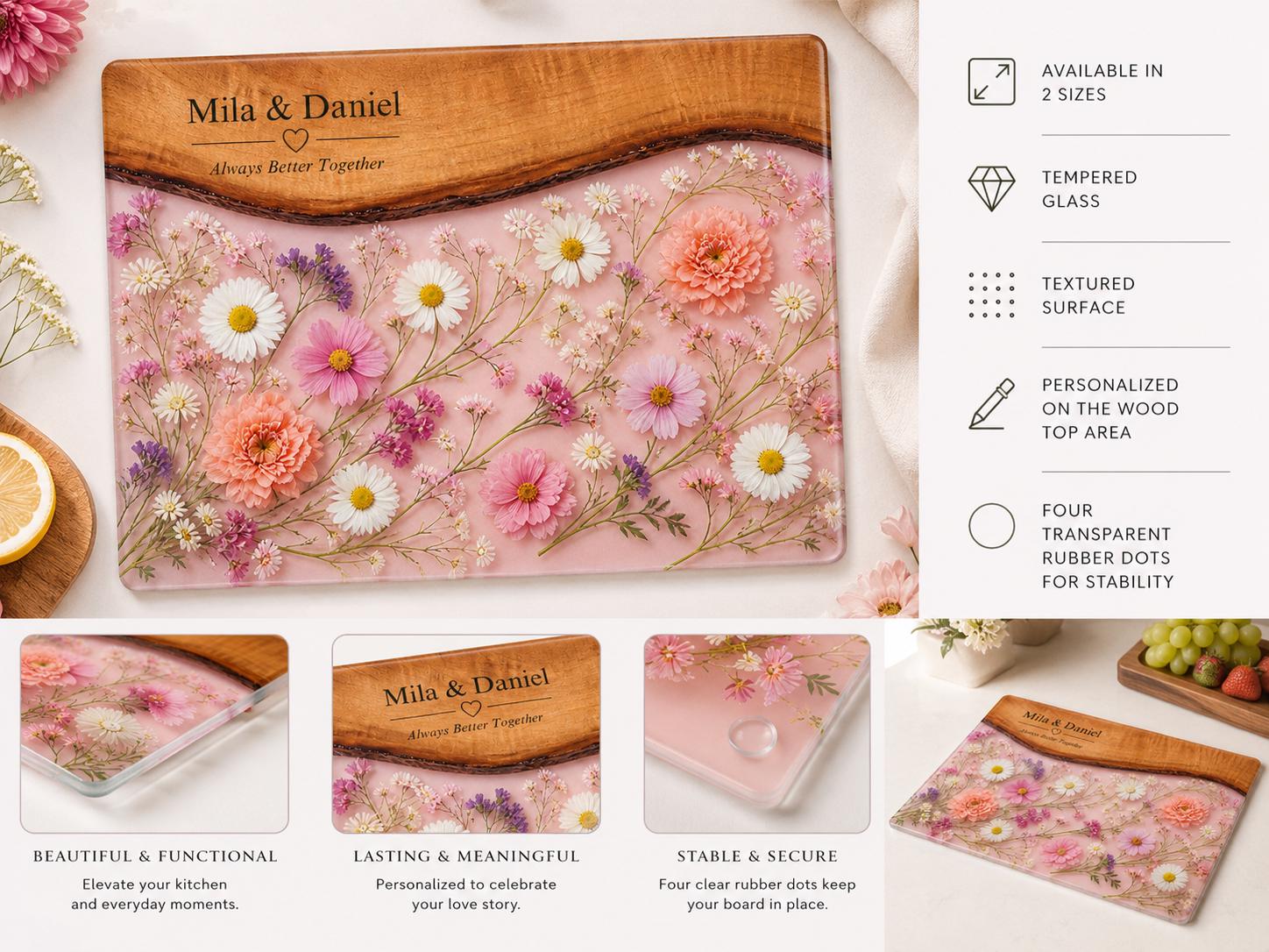Personalized Floral Charcuterie Board, Pink Glass Serving Board, Custom Couple Cheese Board Gift