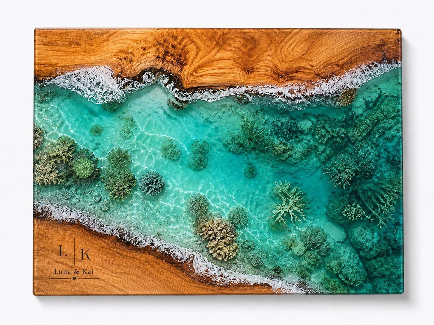 Personalized Glass Cutting Board: Blue Resin Look, Custom Names