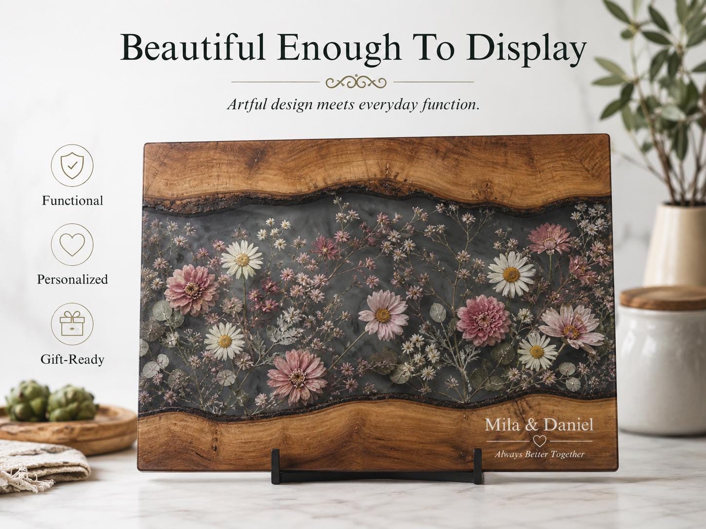 Personalized Floral Cutting Board, Dark Wildflower Glass Board, Custom Couple Kitchen Gift
