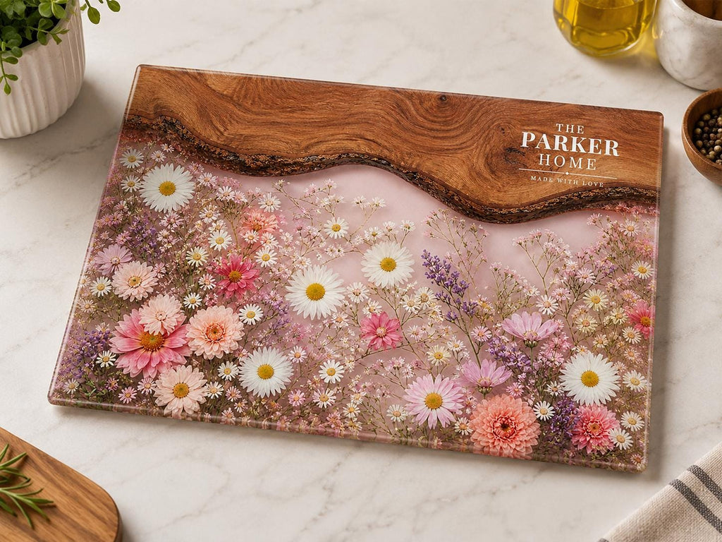 Personalized Glass Cutting Board: Purple Geode Design with Names