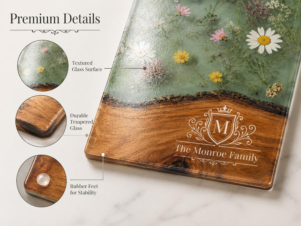 Personalized Cutting Board, Green Floral Chopping Board, Family Kitchen Gift