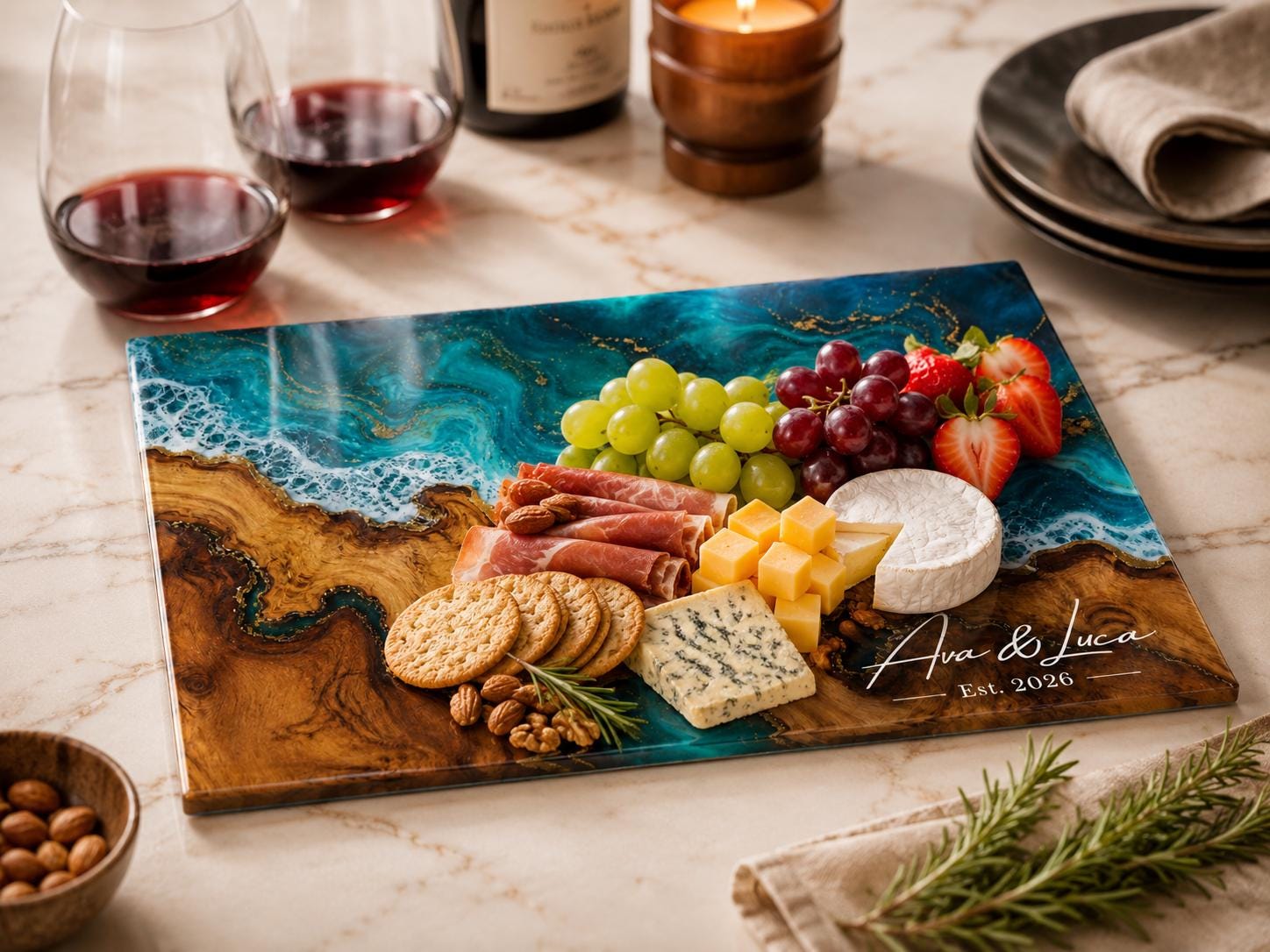 Personalized Cutting Board, Ocean Wave Charcuterie Board, Coastal Kitchen Gift