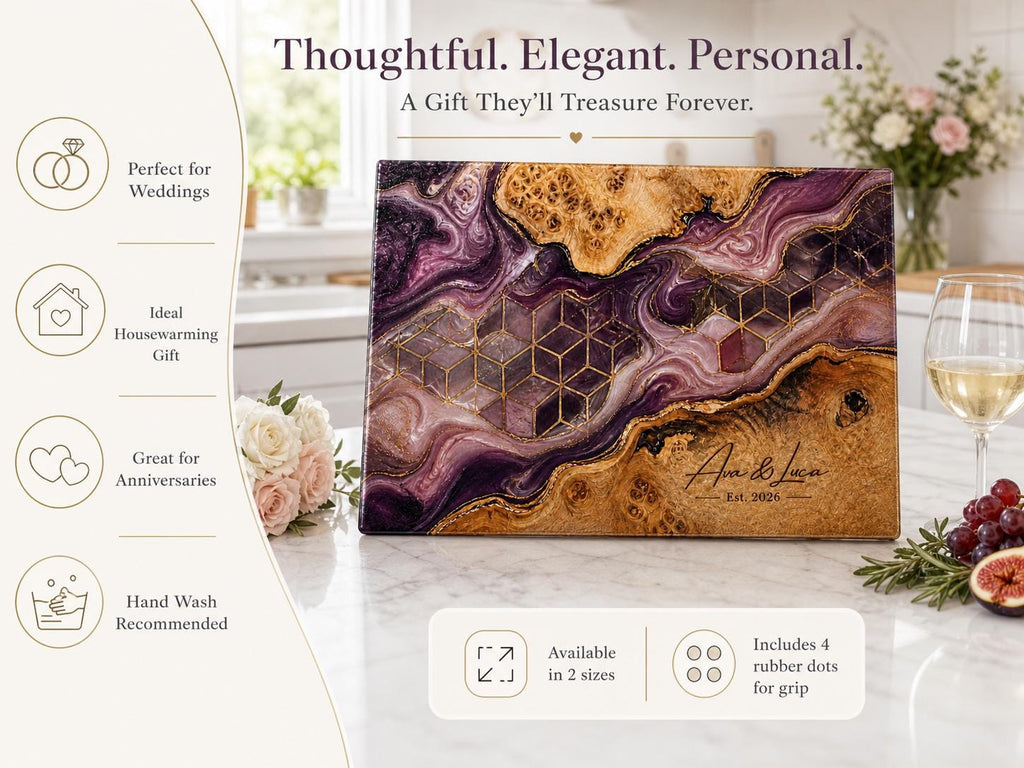 Personalized Glass Cutting Board, Purple Geode Kitchen Decor, Custom Couple Name Board, Wedding or Anniversary Gift