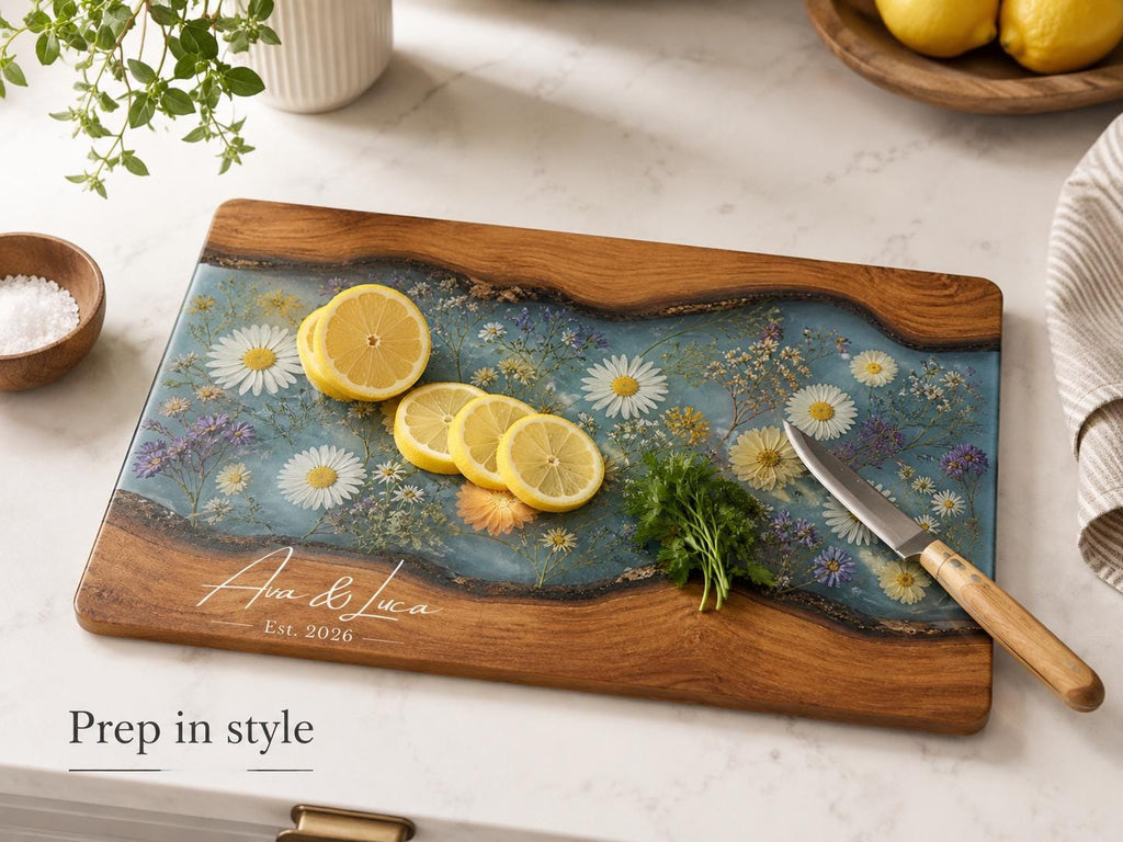 Personalized Floral Cutting Board, Botanical Charcuterie Board, Spring Kitchen Gift, Custom Couples Names Cutting Board