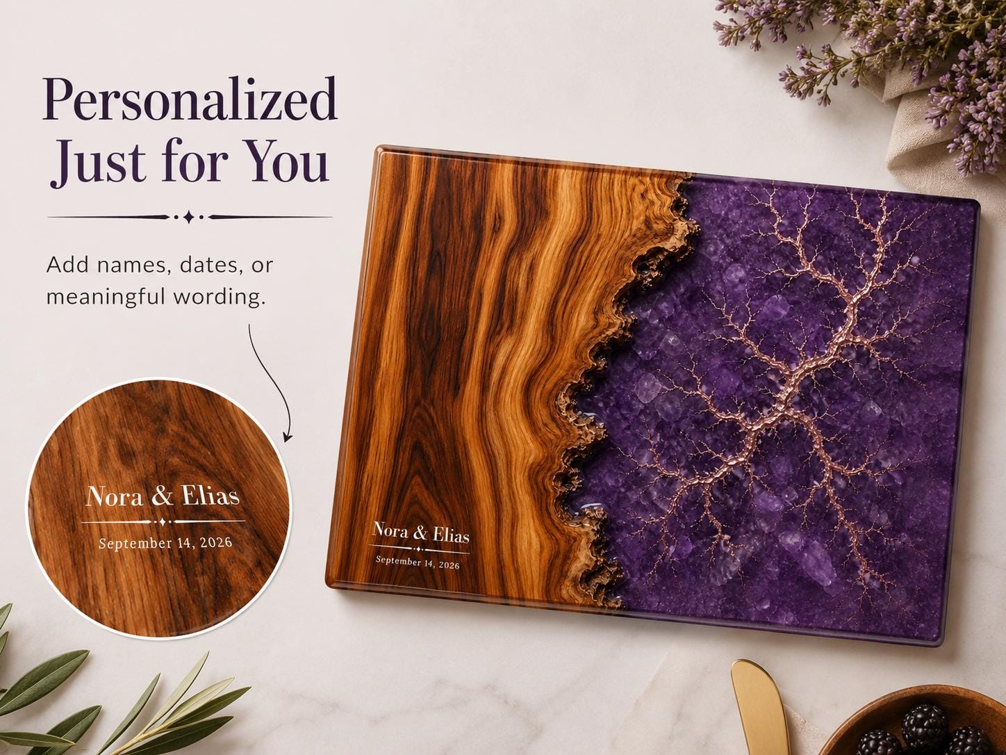 Personalized Cutting Board, Purple Geode Chopping Board, Wedding Gift Idea