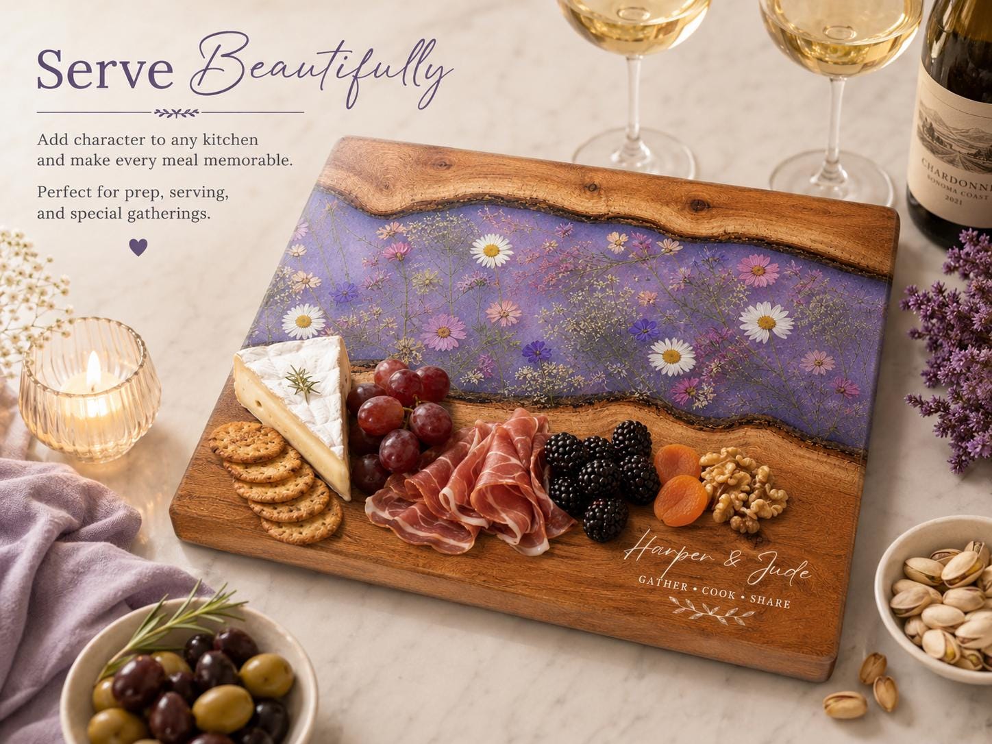 Custom Cutting Board: Blue Resin Style - Tempered Glass, Personalized