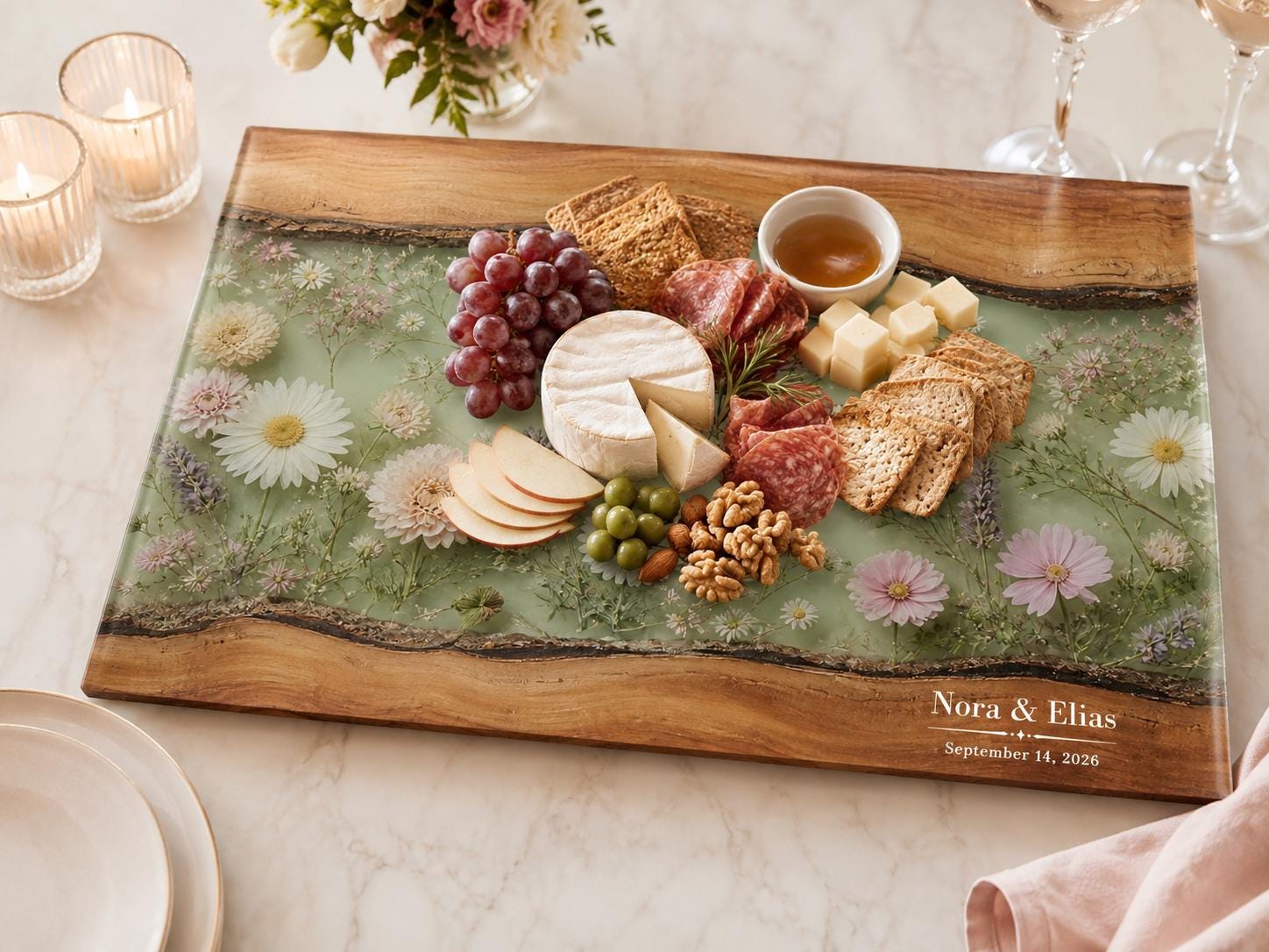 Personalized Cutting Board, Sage Floral Chopping Board, Housewarming Gift