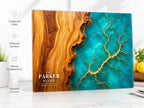 Personalized Glass Charcuterie Board, Teal Wood Look Serving Board, Custom Cheese Board Gift for Wedding or Housewarming