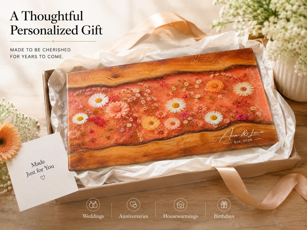 Personalized Floral Kitchen Decor Board, Coral Wildflower Serving Board, Custom Couple Housewarming Gift