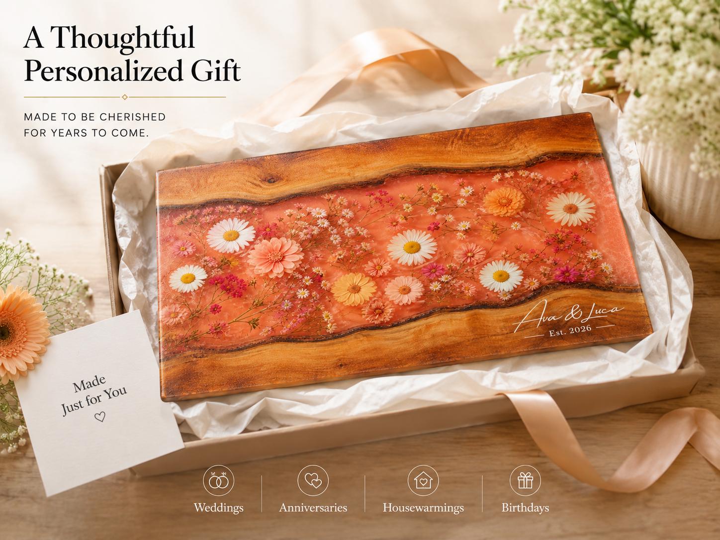 Personalized Floral Kitchen Decor Board, Coral Wildflower Serving Board, Custom Couple Housewarming Gift