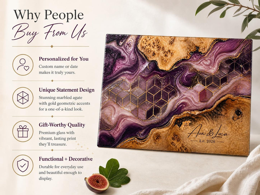 Personalized Glass Cutting Board, Purple Geode Kitchen Decor, Custom Couple Name Board, Wedding or Anniversary Gift