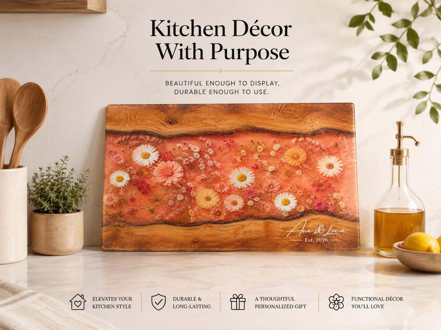 Personalized Floral Kitchen Decor Board, Coral Wildflower Serving Board, Custom Couple Housewarming Gift