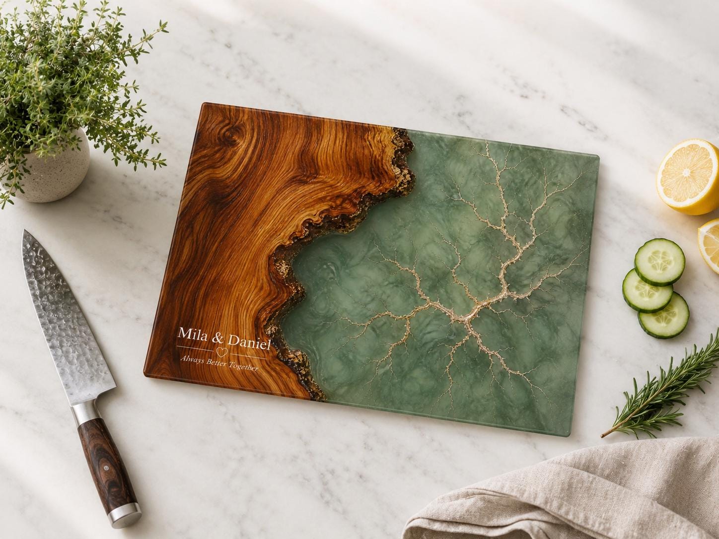 Personalized Charcuterie Board, Green Marble Glass Cutting Board, Custom Couple Gift