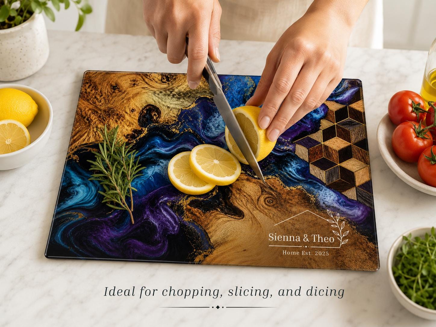 Personalized Glass Cutting Board: Floral Design - Rustic Wood Style