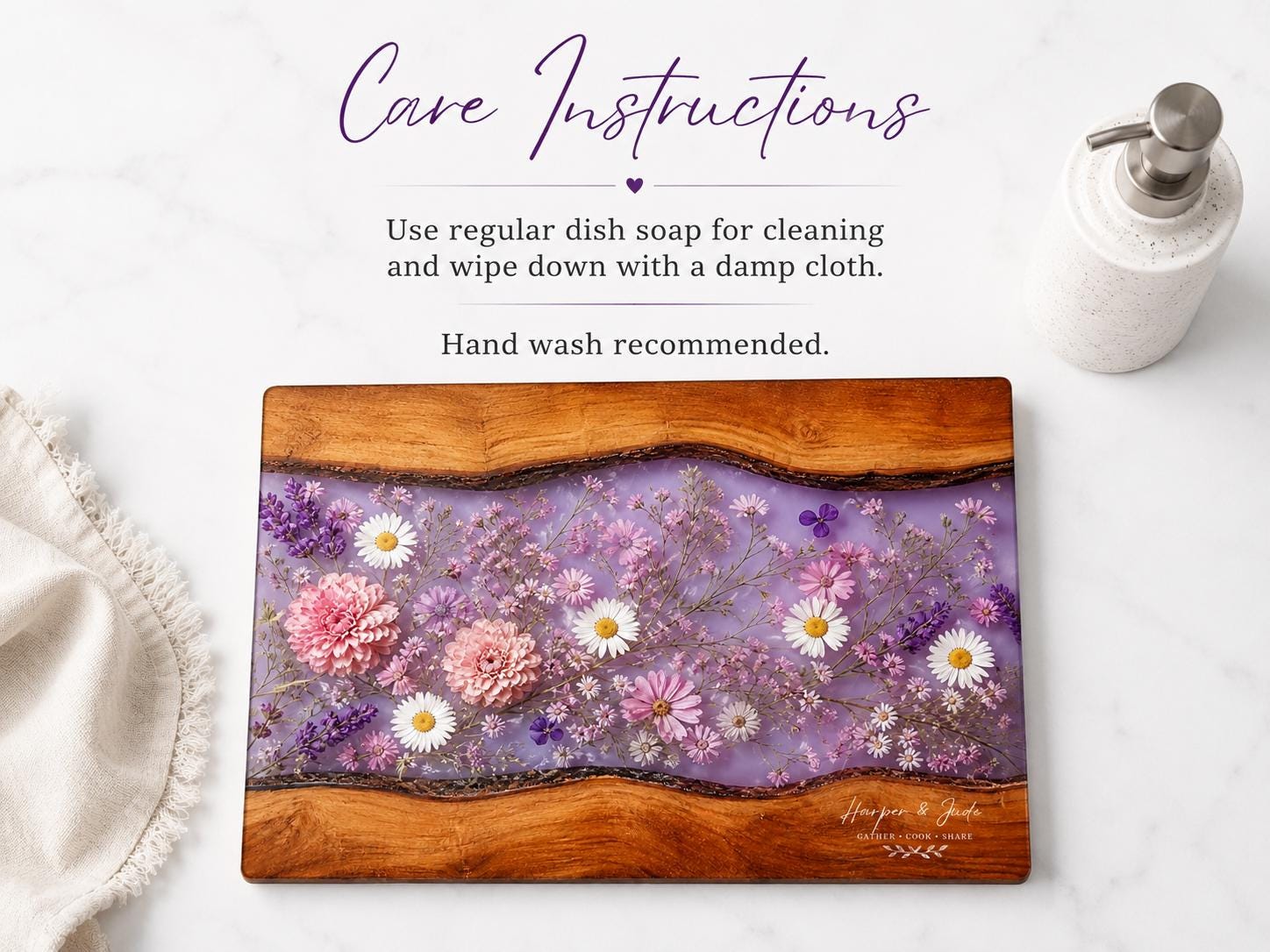 Personalized Floral Cutting Board, Purple Wildflower Glass Board, Custom Kitchen Gift for Housewarming