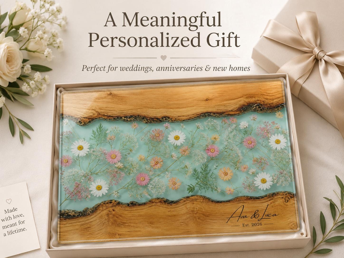 Personalized Glass Cutting Board: Blue Resin Look with Gold Accents