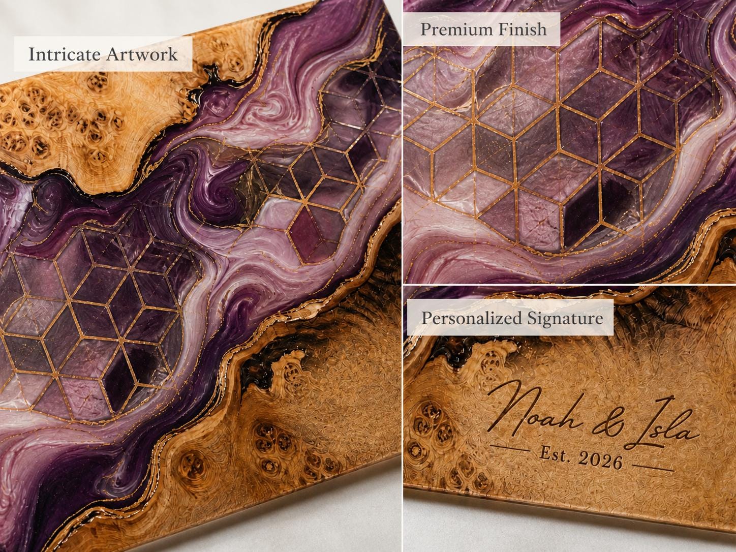 Personalized Glass Cutting Board, Purple Geode Kitchen Decor, Custom Couple Name Board, Wedding or Anniversary Gift