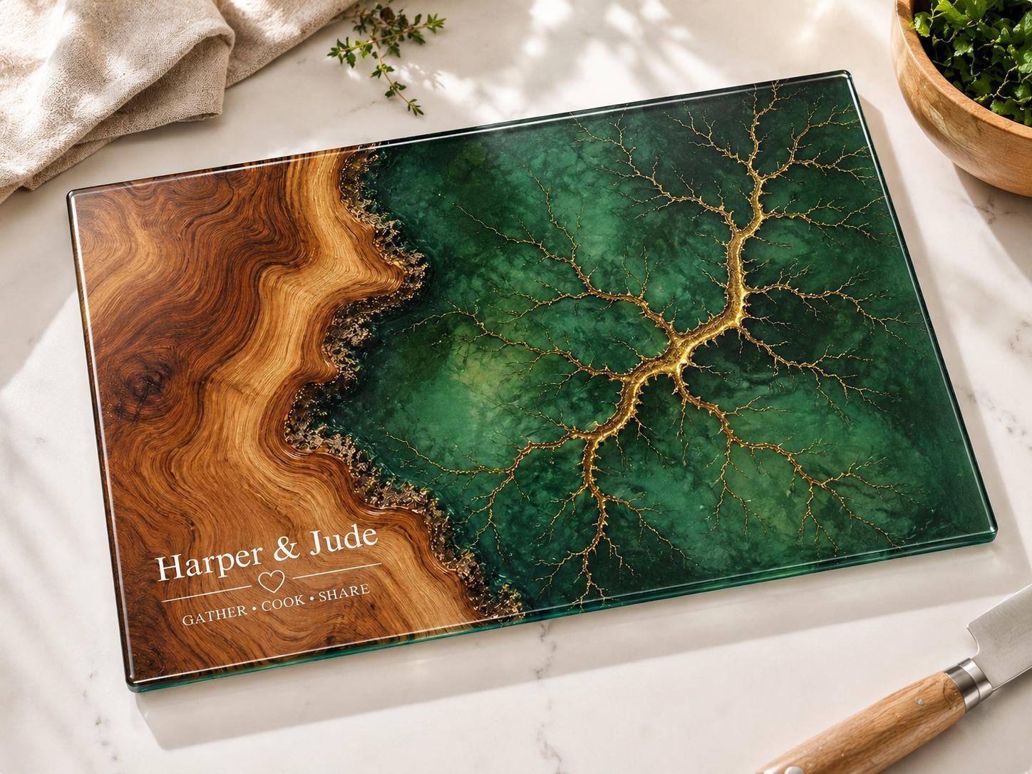Custom Glass Cutting Board: Blue Resin Style (Two Sizes Available)