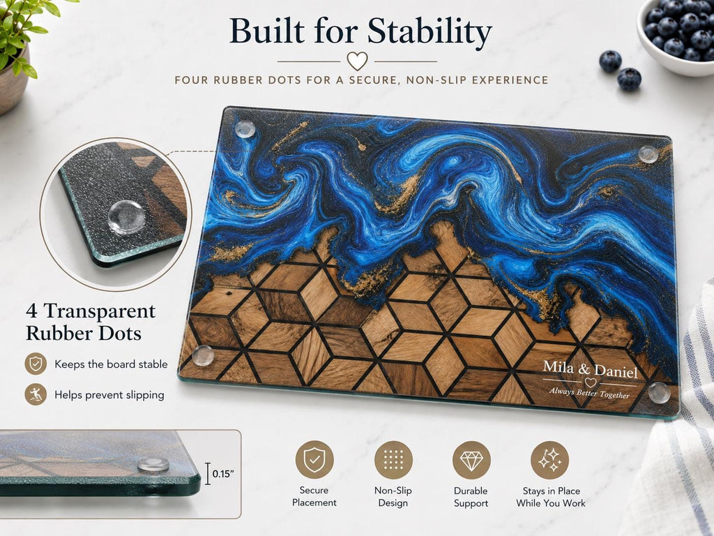 Custom Glass Cutting Board: Blue Resin Style - Names and Dates Included