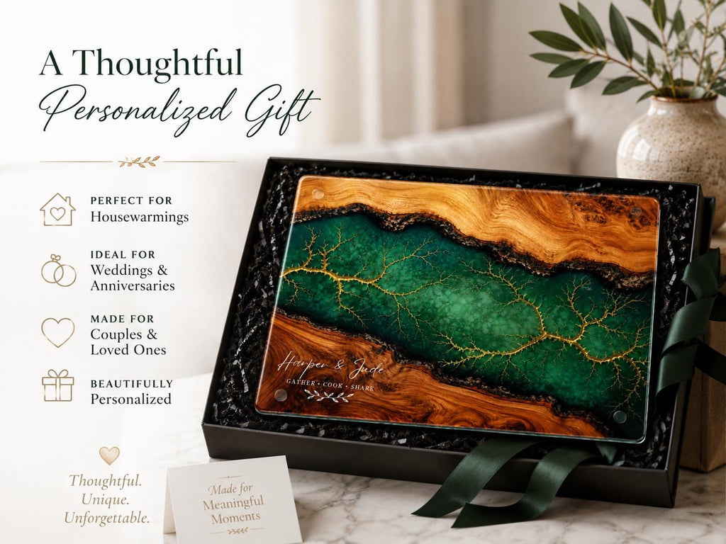 Custom Cutting Board: Blue Resin Style with Gold Accents - Personalized Gift