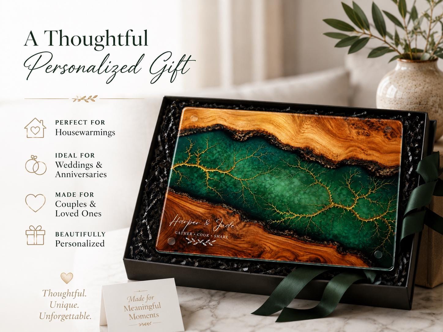 Custom Cutting Board: Blue Resin Style with Gold Accents - Personalized Gift