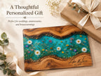Personalized Turquoise Floral Glass Board, Custom Couple Cutting Board, Wildflower Kitchen Gift