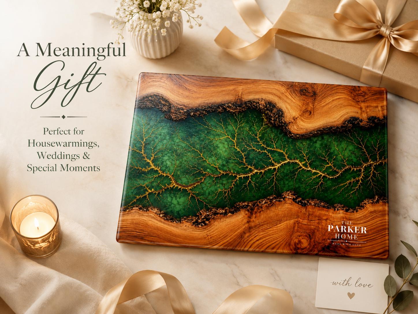 Personalized Emerald Geode Glass Board, Custom Family Kitchen Decor, Wood Look Housewarming Gift