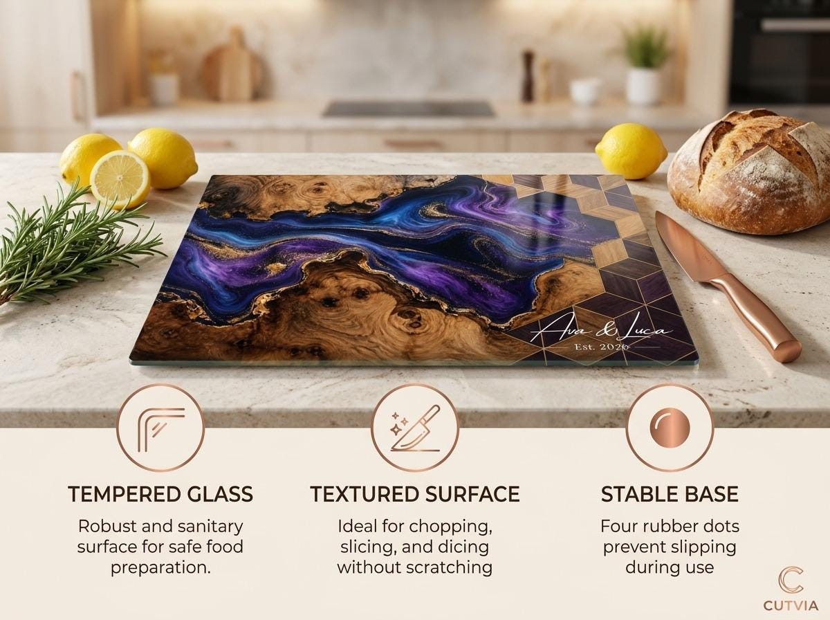 Personalized Glass Chopping Board, Blue Purple Resin River Look, Custom Family Name Kitchen Gift