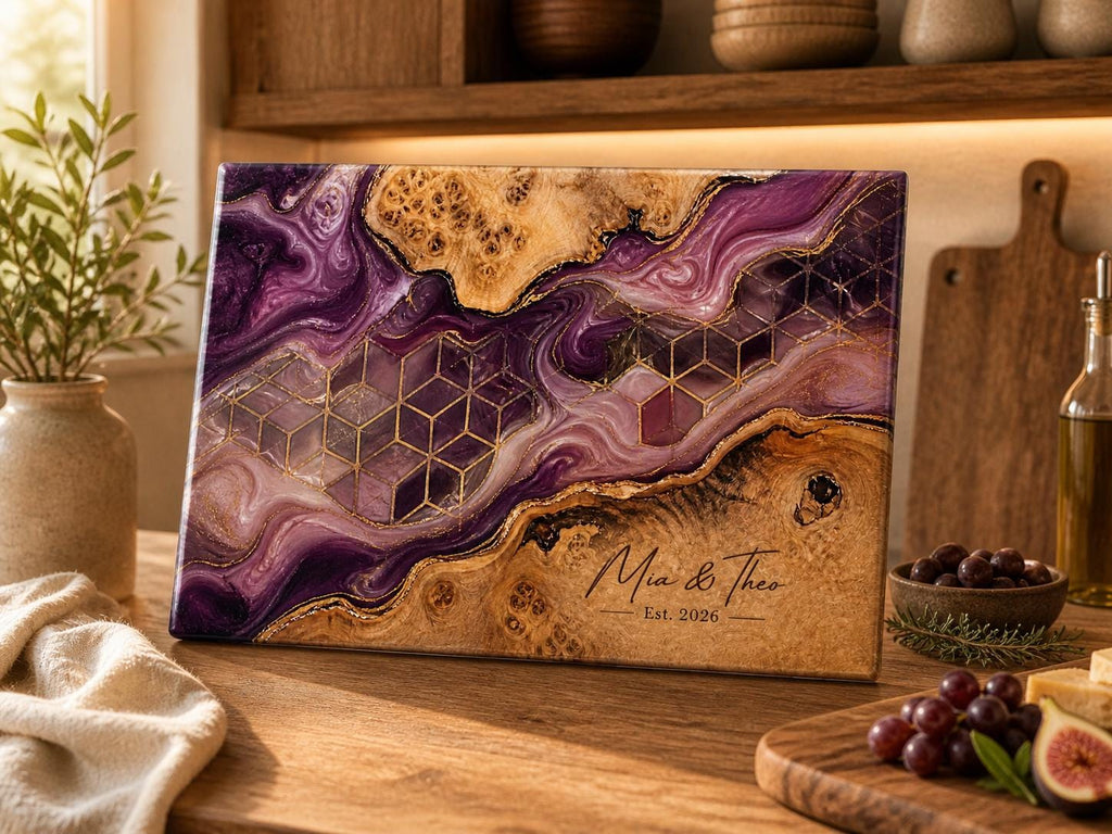 Personalized Glass Cutting Board, Purple Geode Kitchen Decor, Custom Couple Name Board, Wedding or Anniversary Gift