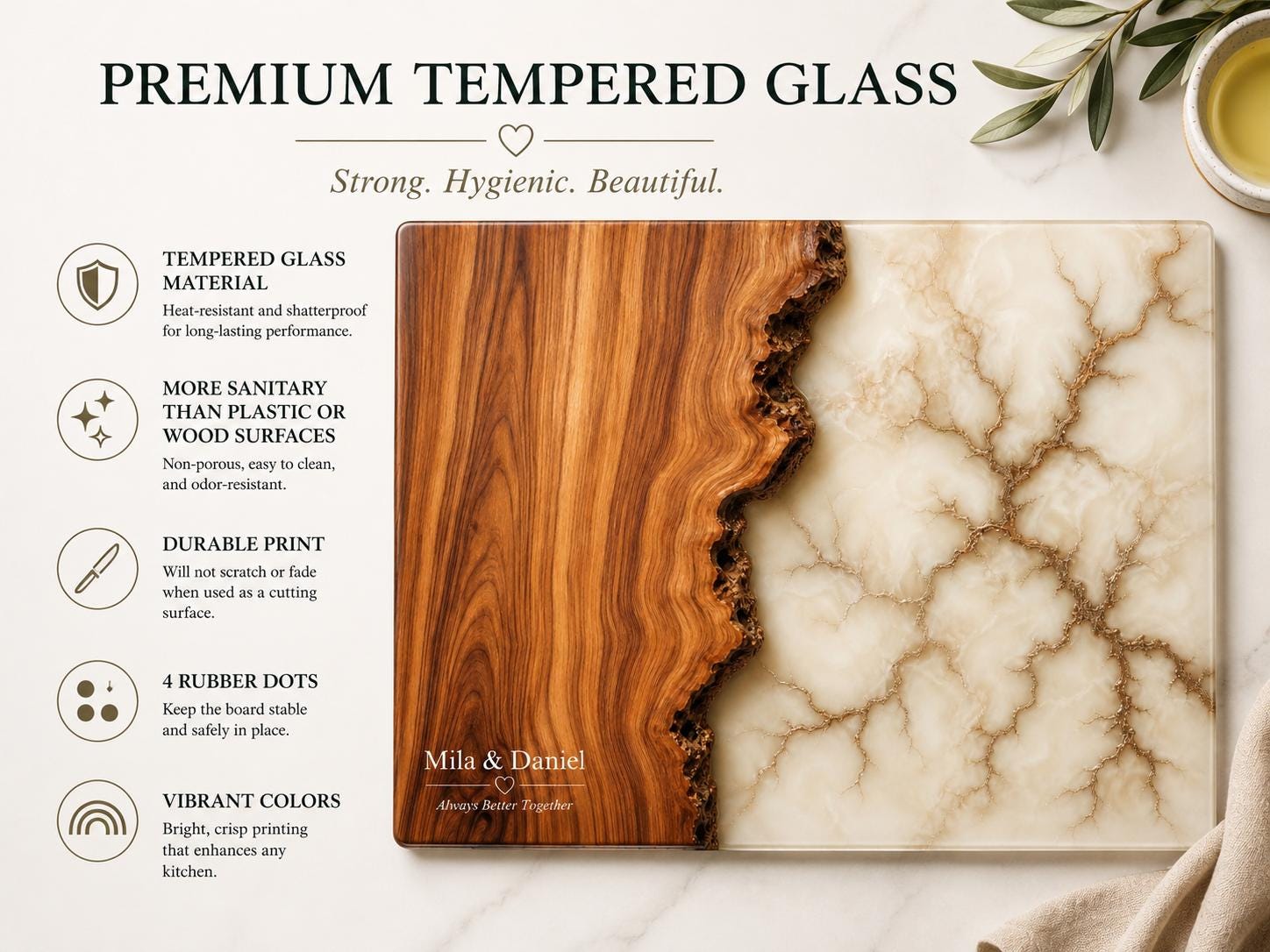 Custom Glass Cutting Board - Purple Geode Design with Gold Accents