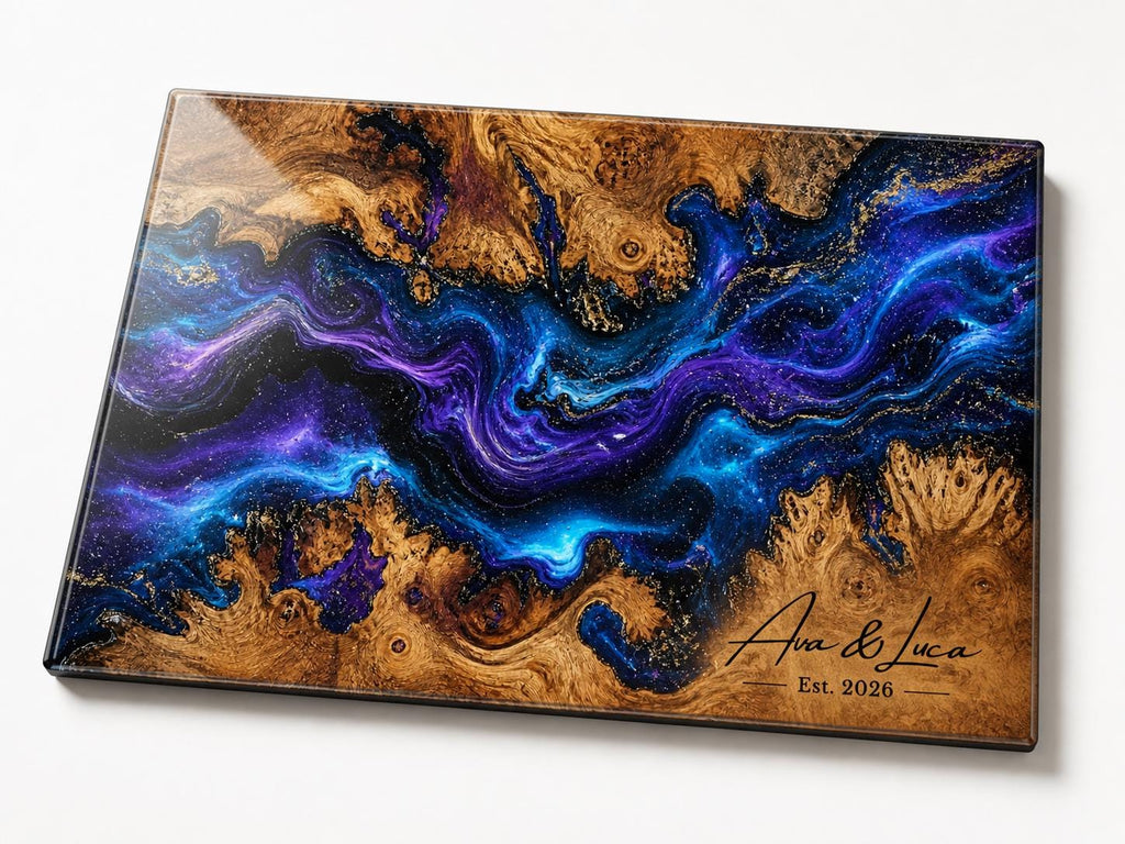 Personalized Glass Charcuterie Board, Blue Purple Galaxy Serving Board, Custom Couple Name Cutting Board Gift