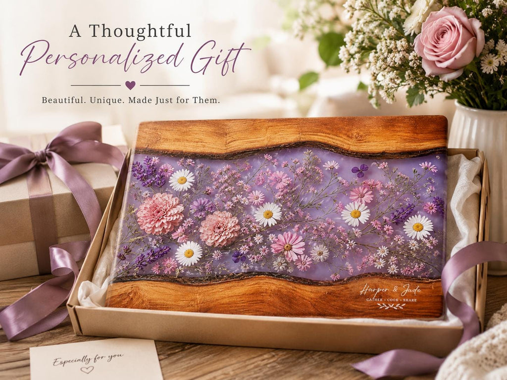 Personalized Floral Cutting Board, Purple Wildflower Glass Board, Custom Kitchen Gift for Housewarming