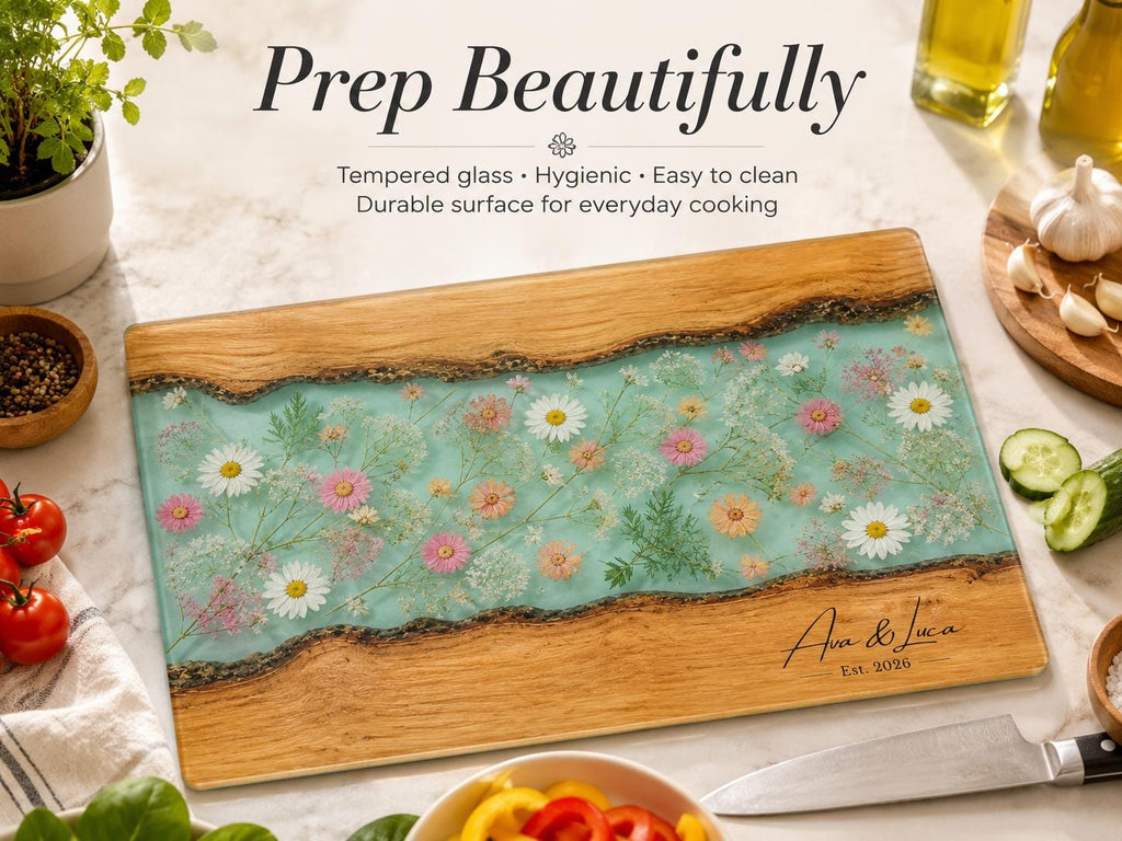 Personalized Glass Cutting Board: Blue Resin Look with Gold Accents