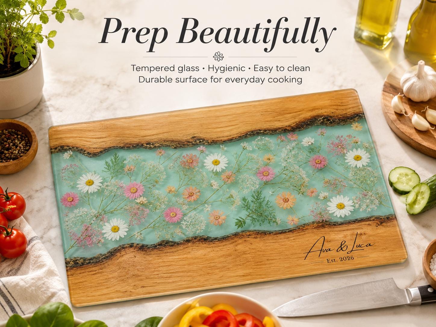 Personalized Glass Cutting Board: Blue Resin Look with Gold Accents