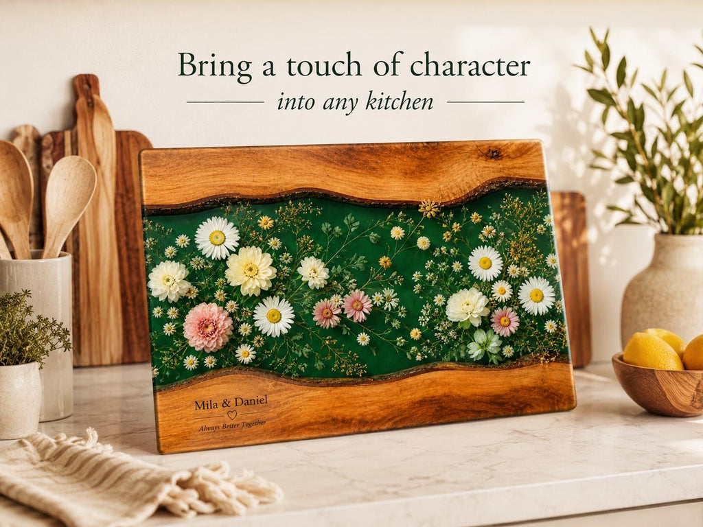 Personalized Floral Cutting Board, Green Daisy Glass Board, Custom Couple Kitchen Gift