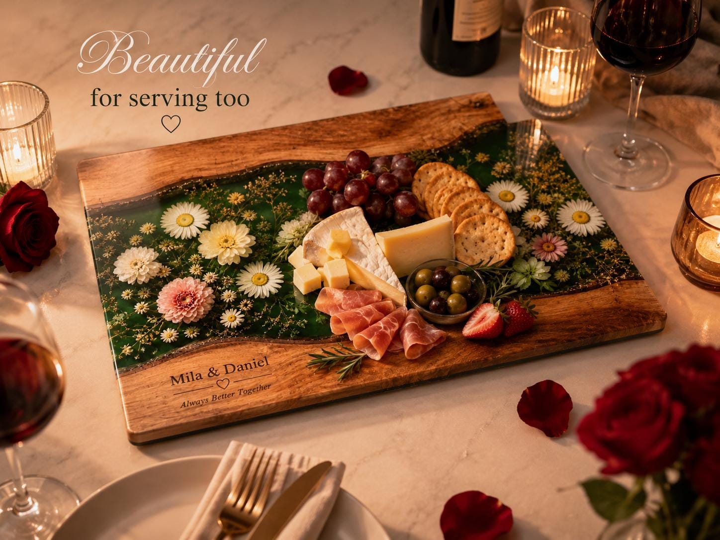 Personalized Floral Cutting Board, Green Daisy Glass Board, Custom Couple Kitchen Gift