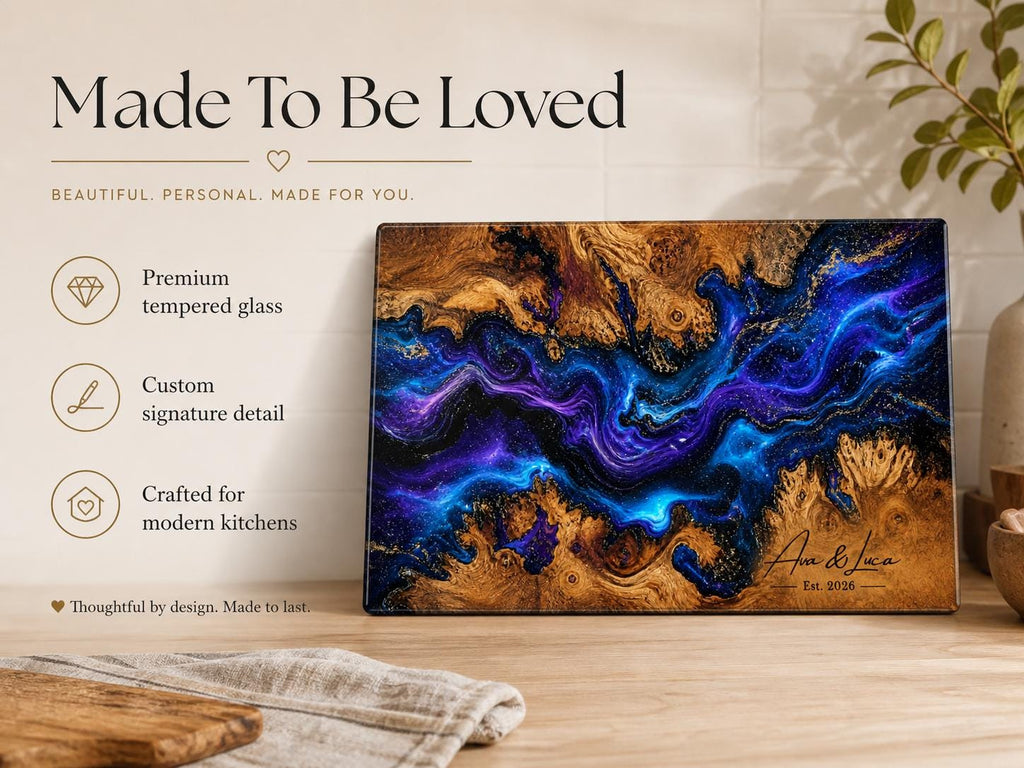 Personalized Glass Charcuterie Board, Blue Purple Galaxy Serving Board, Custom Couple Name Cutting Board Gift