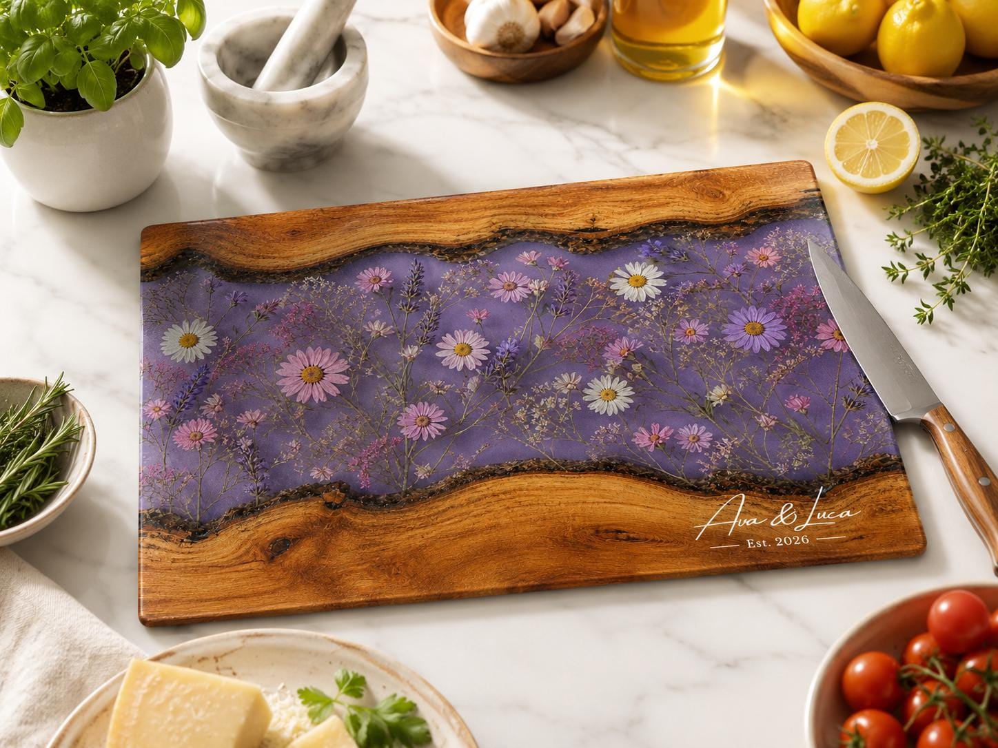 Glass Charcuterie Board - Custom Names, Blue and Wood Grain Design