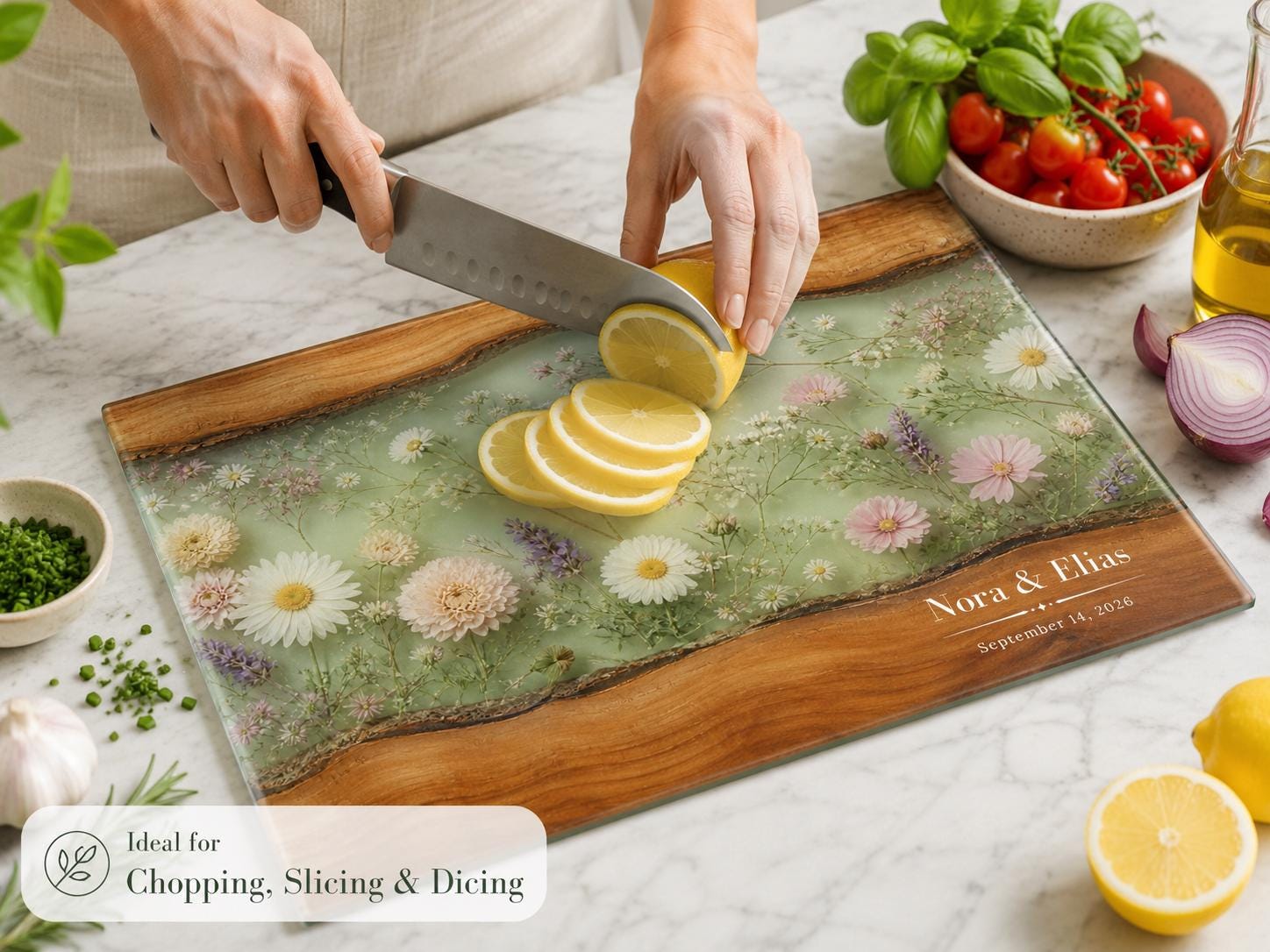 Personalized Cutting Board, Sage Floral Chopping Board, Housewarming Gift