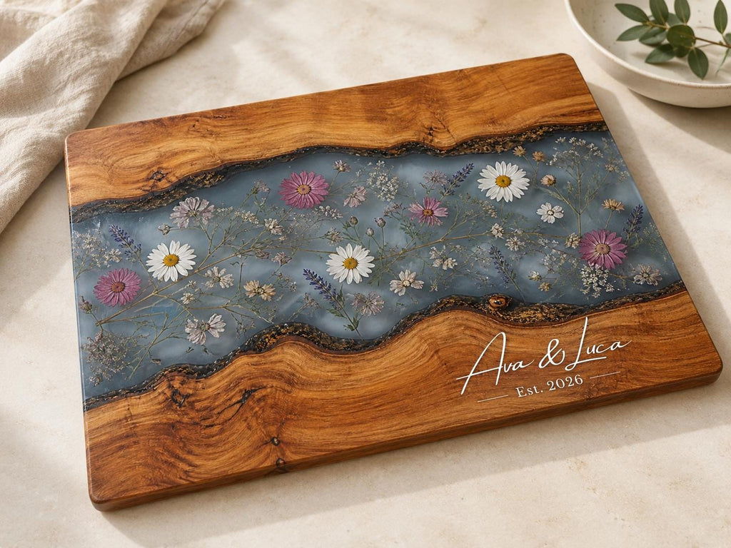 Personalized Cutting Board, Blue Floral Cheese Board, Custom Kitchen Gift