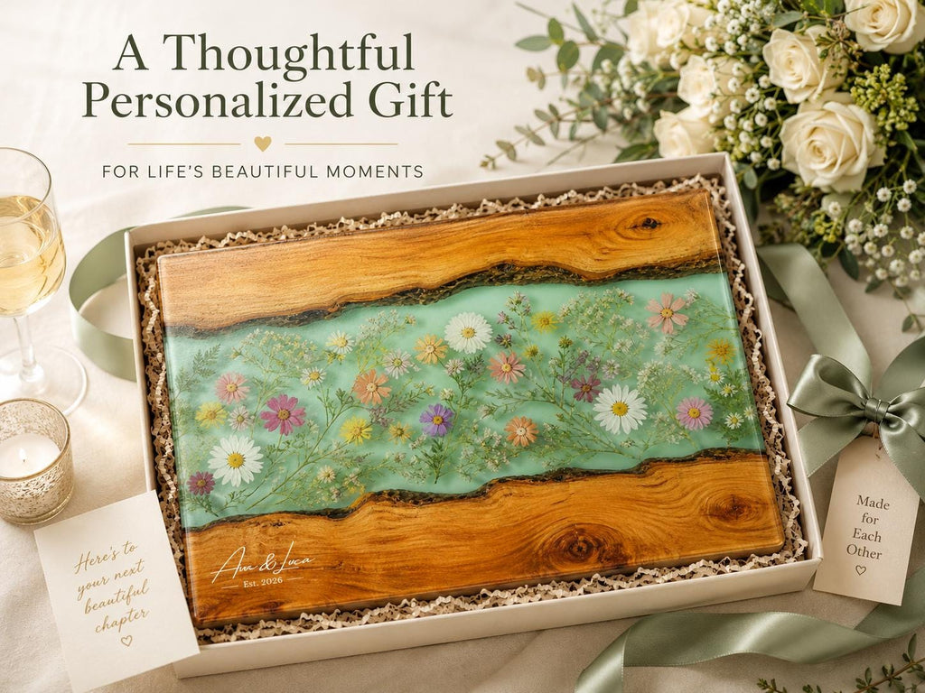 Custom Chopping Board with Names, Mint Floral Glass Cutting Board, Personalized Kitchen Gift