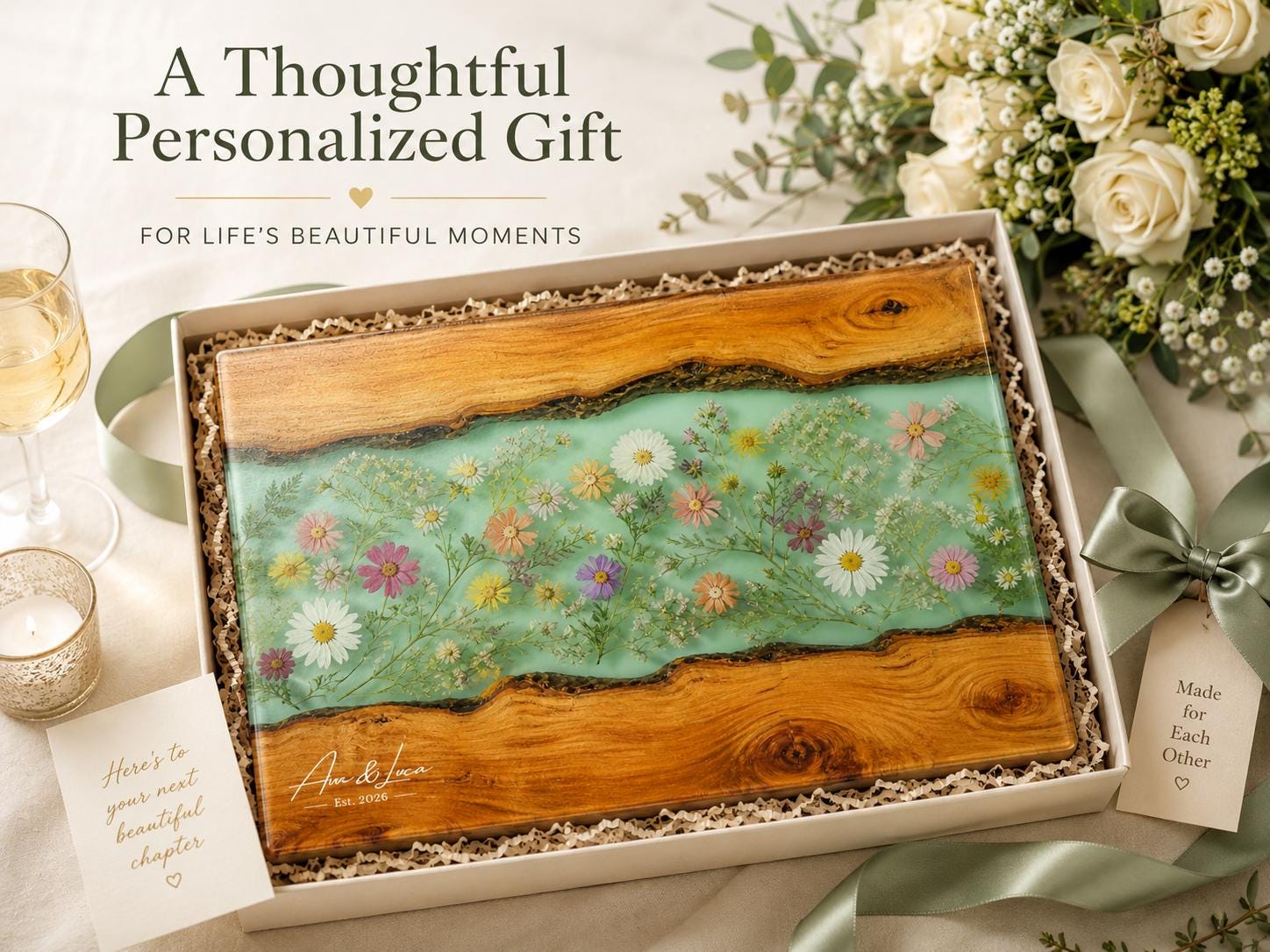 Custom Chopping Board with Names, Mint Floral Glass Cutting Board, Personalized Kitchen Gift