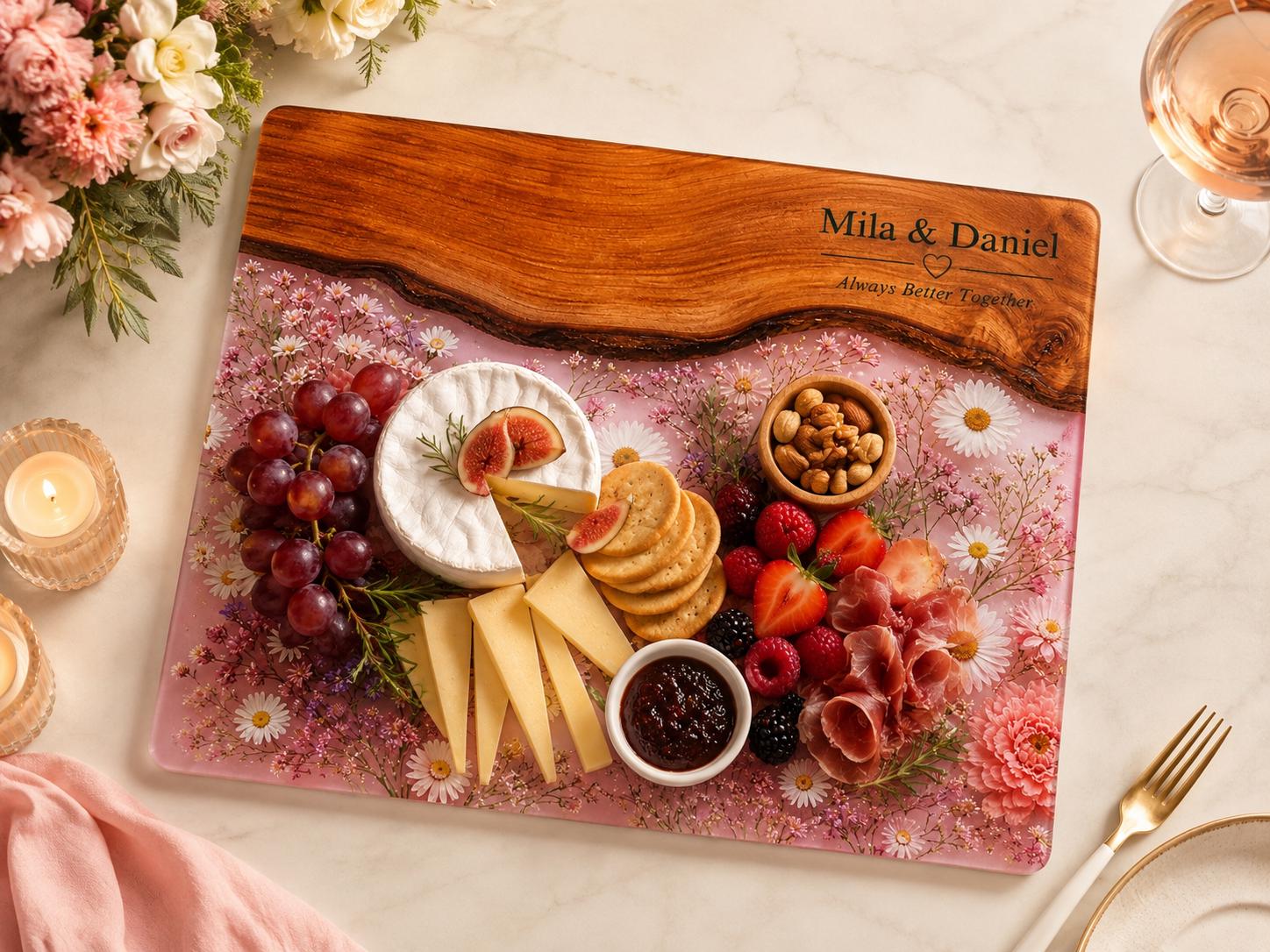 Personalized Glass Cutting Board, Pink Floral Tempered Glass Board, Custom Couple Wedding Gift