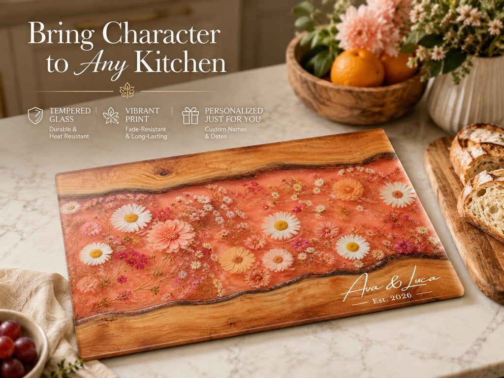 Personalized Floral Kitchen Decor Board, Coral Wildflower Serving Board, Custom Couple Housewarming Gift
