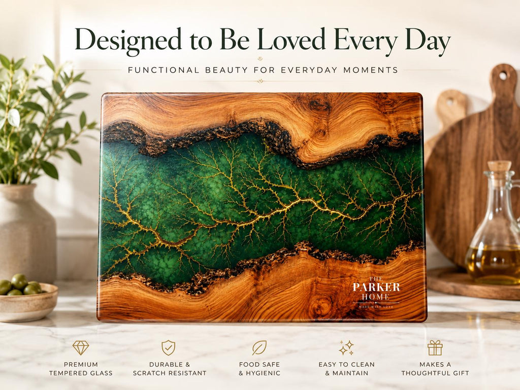 Personalized Emerald Geode Glass Board, Custom Family Kitchen Decor, Wood Look Housewarming Gift