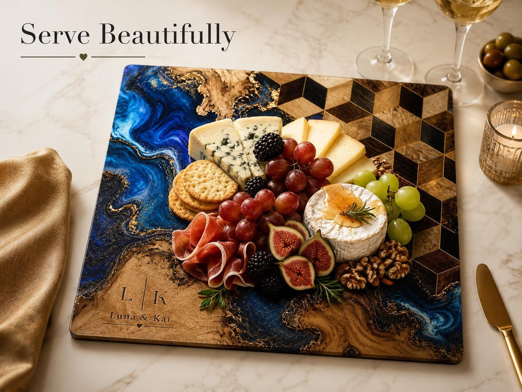 Personalized Glass Cutting Board, Blue Resin & Wood Design (8x11 or 11x15)