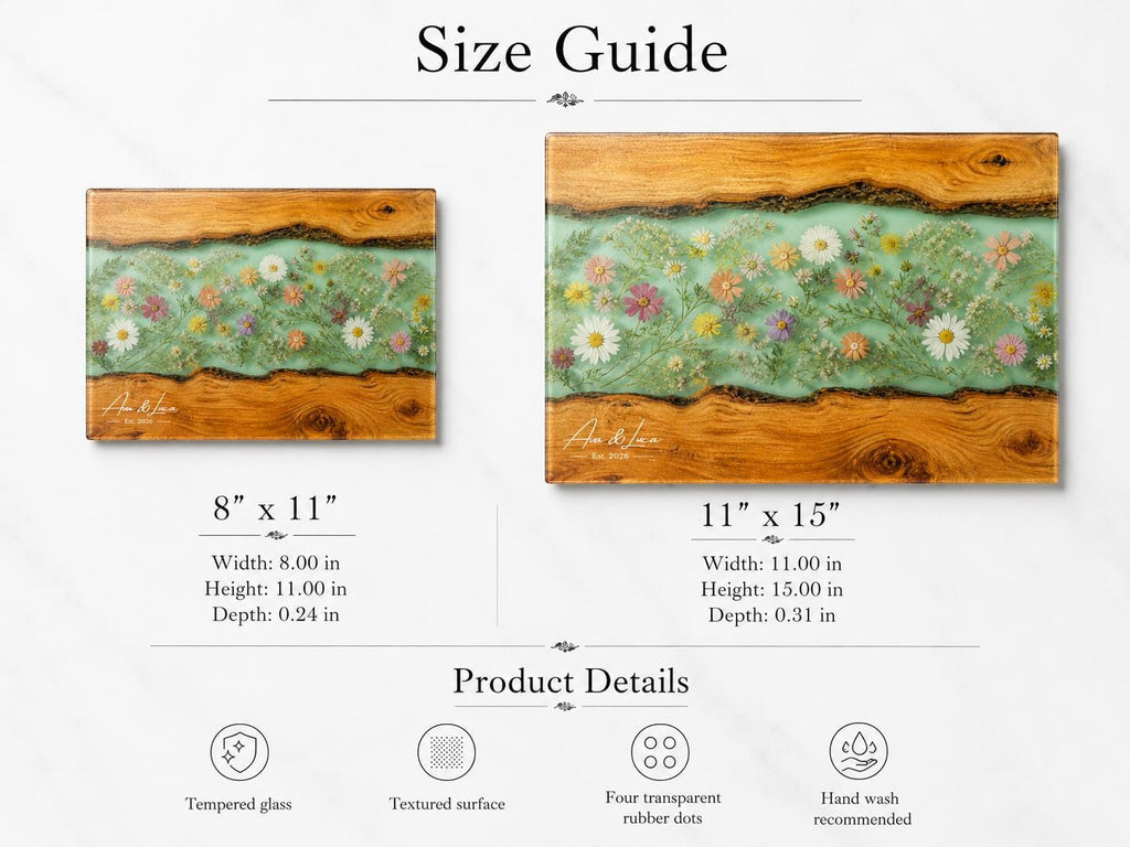 Custom Chopping Board with Names, Mint Floral Glass Cutting Board, Personalized Kitchen Gift
