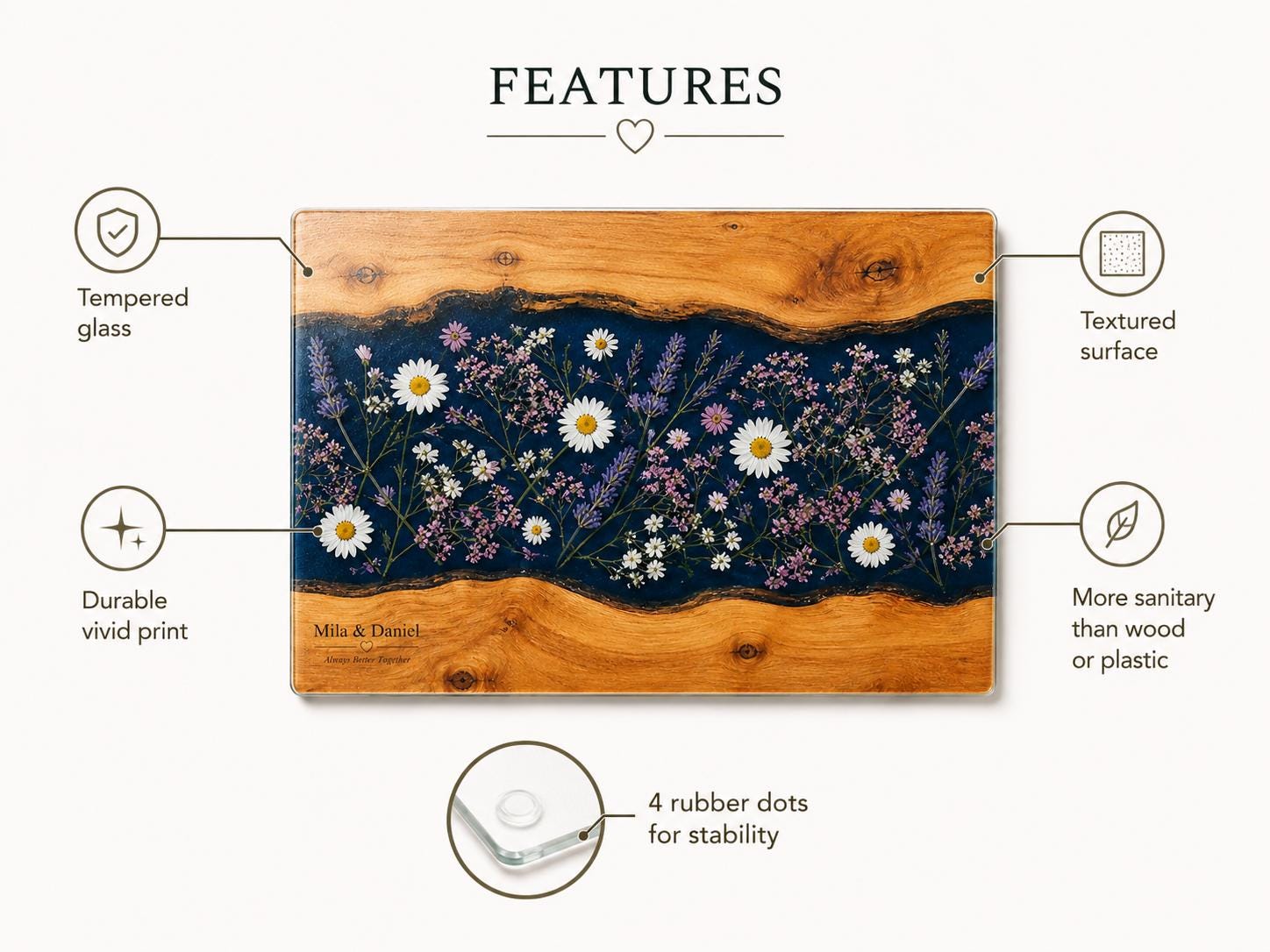 Personalized Glass Cutting Board, Blue Resin & Wood Design (8x11 or 11x15)