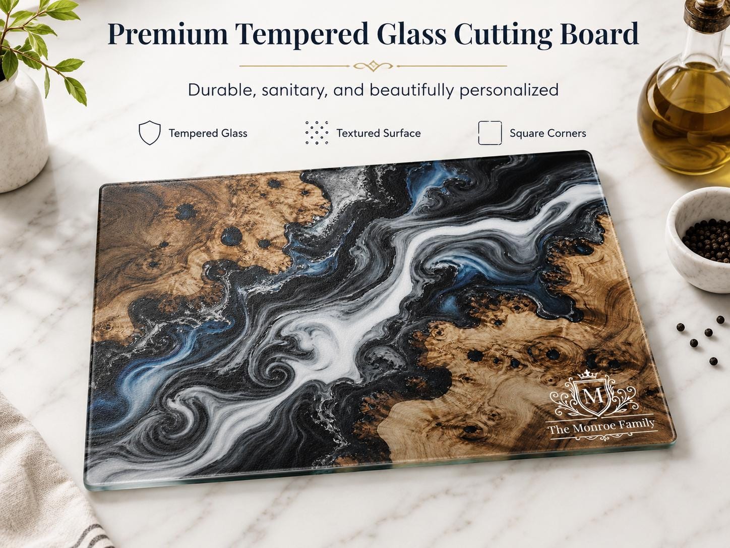 Personalized Glass Cutting Board - Purple Geode Art with Custom Names