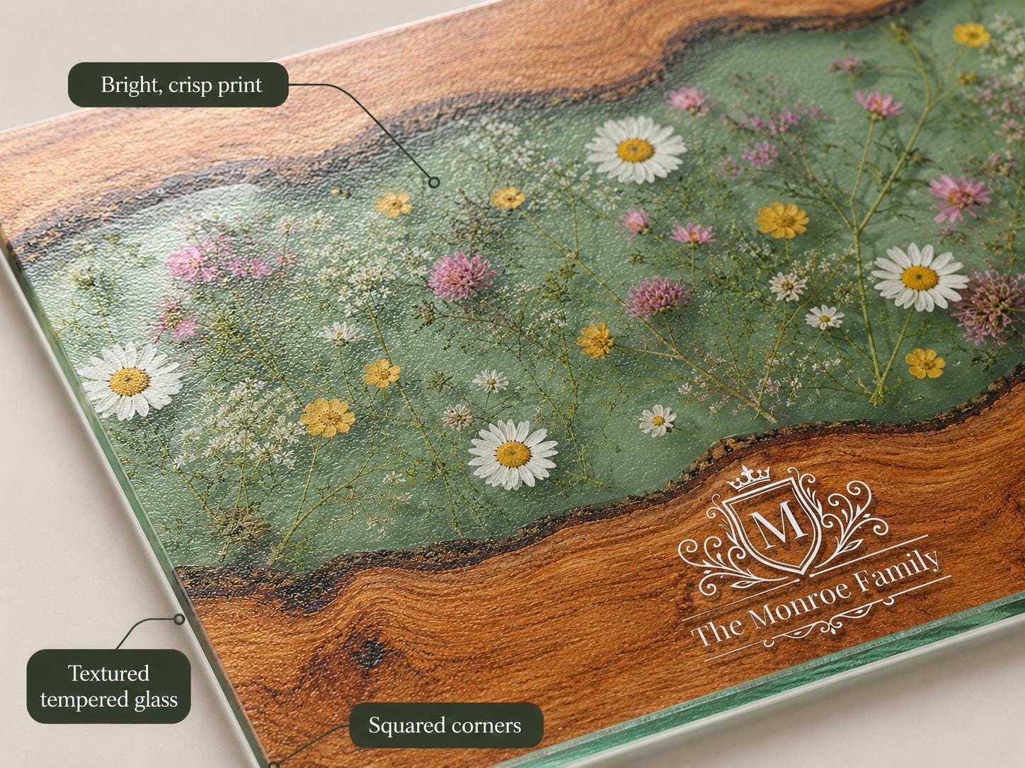 Personalized Cutting Board, Green Floral Chopping Board, Family Kitchen Gift